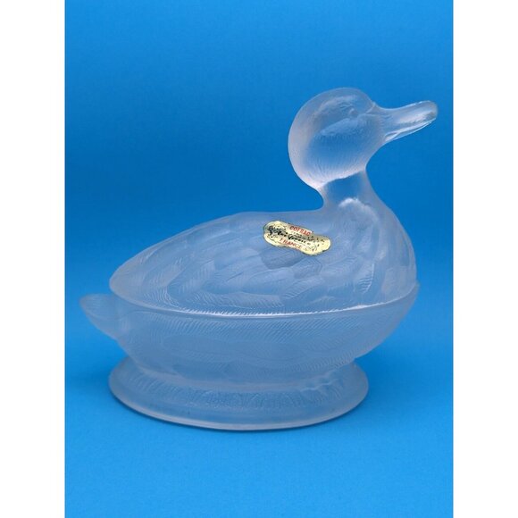 French Portieux Vallerysthal Frosted Duck Trinket Glass Dish 2 Pc. VTG Rare Mint - Picture 3 of 12